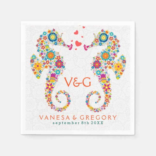 Färgfyllda Retro Blommigt Sea Horses Pappersservett (Framsidan)