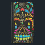 Färgfyllda Retro Sugar Skull Glitter-detaljer Samsung Galaxy S5 Plånboksfodral<br><div class="desc">Coola färglös blommigt sockerskalle glitter struktur med guld-tonaccenter med brinnljus för öga. Svart bakgrund</div>