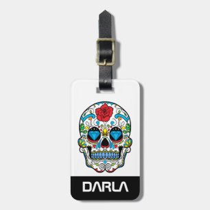 Färgfyllda Röd ros och blå diamanter i Skull Bagagebricka