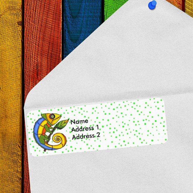 Färgfyllda Roligt Lizard Gren Grönt Dots Returadress Etikett (Return address label with fantasy colourful lizard on leaf with green polka dots.)