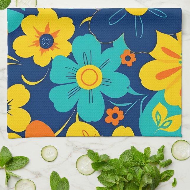 Färgfyllda ryska blommor-dopamin-Stil-Retro-blommo Kökshandduk (Vikta)