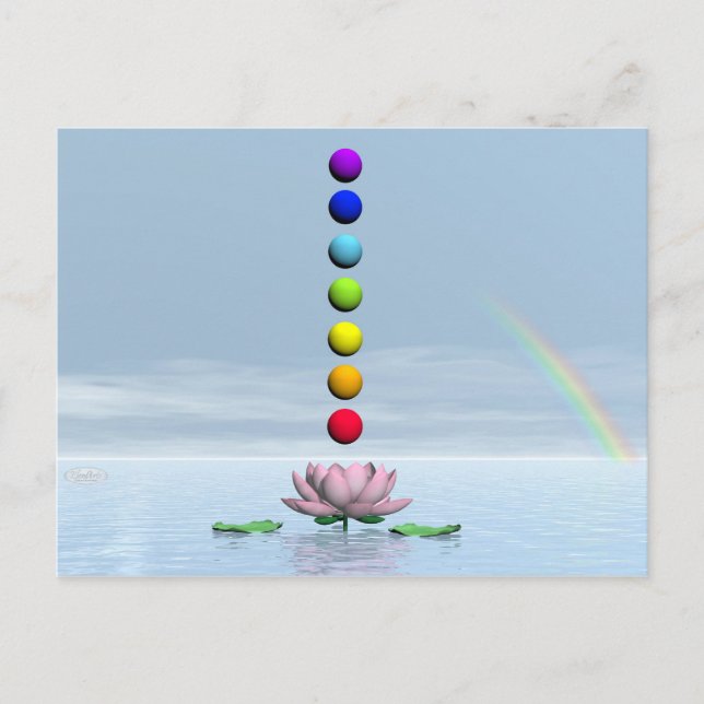 Färgfyllda sfärer för chakras på vackra lily f vykort (Framsida)