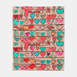 Färgfyllda sketchliknande hjärtan och rosett band fleecefilt