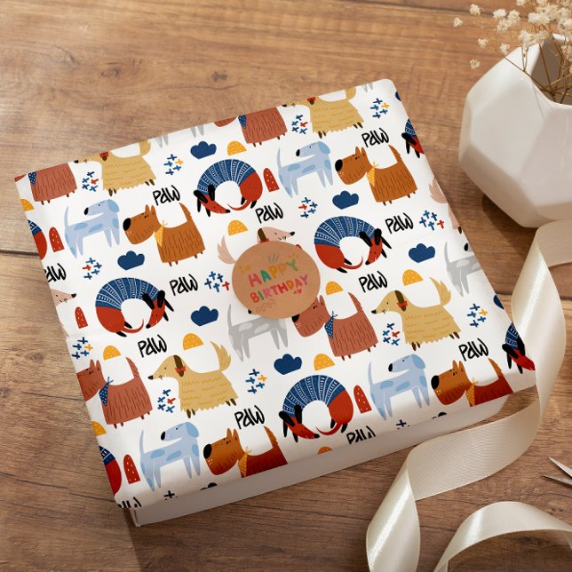 Färgfyllda tecknader galna fluffy hund doodles presentpapper (Skapare uppladdad)