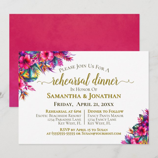 Färgfyllda tropiska blommor Bröllop Rehearsal Midd Inbjudningar (Fram/baksida)
