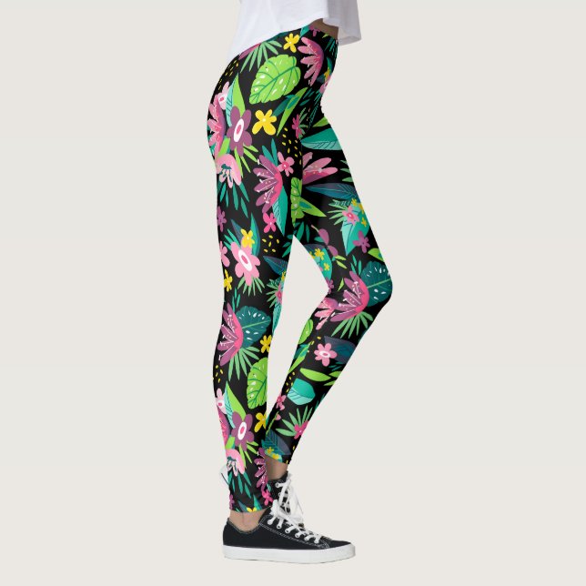 Färgfyllda tropiska blommor Sömlösa Mönster Leggings (Höger)