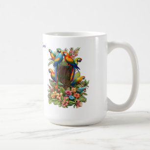 Färgfyllda tropiska fåglar och branta lush-växter kaffemugg