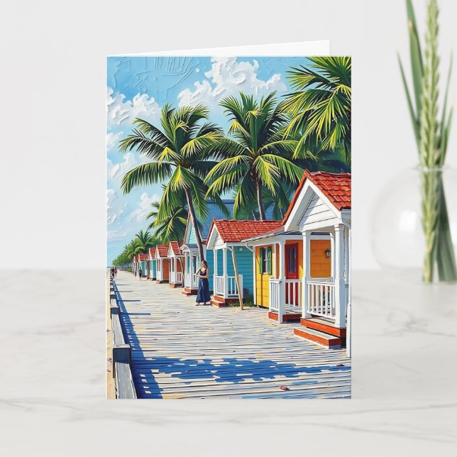 Färgfyllda tropiska Vibrant Beach Huts-födelsedag Kort (Framsida)