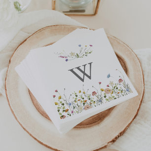 Färgfyllda Vilder Blommor Monogram Bröllop Pappersservett