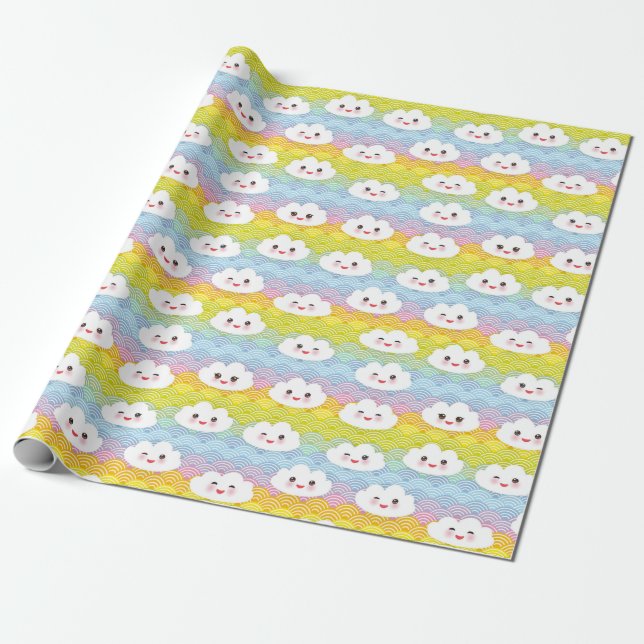 Färgfyllda Vinkara Emoji Kawaii Clouds Mönster Presentpapper (Utrullad)