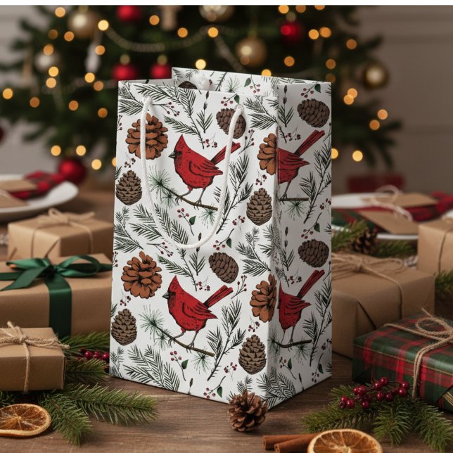 Färgfyllda vinterfärgade röda kardinal och Gräs-ko (Elegant Red Cardinal Gift Bags. Rustic Cardinal Birds, Pinecones, Pine Winter Xmas Pattern in White.)