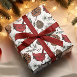 Färgfyllda vinterfärgade röda kardinal och Gräs-ko Presentpapper<br><div class="desc">Det här omslagspappret för jul och vinter är ett intressant bläck teckning som fångar det centrala i vinterfantasi. Bilderna visar hur röda kardinalfåglar,  pinekoner,  gräs nål och vinterbär genomkornade på vit bakgrund.</div>