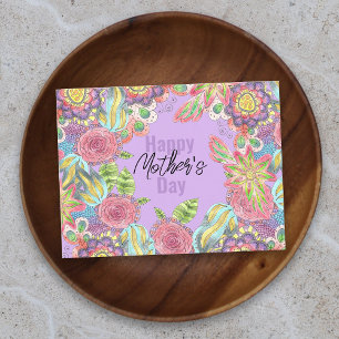 Färgfyllda Whimsic Flowers vid Lila Mors dag Vykort