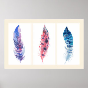 Färgfyllnad med 3 panelfärger Boho-fjädrar Poster