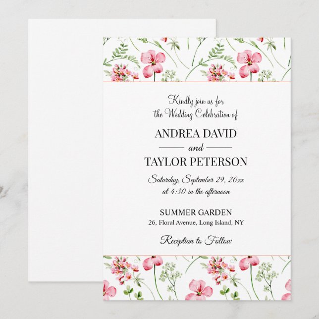 Färgfyllning av vattenfärg Wildblommor Bröllop Inbjudningar (Fram/baksida)