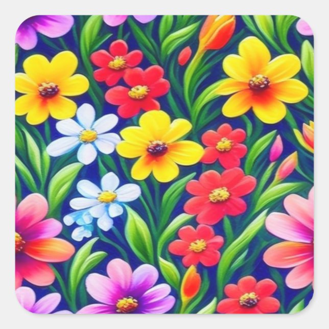 Färgfyllt blommönster fyrkantigt klistermärke (Framsida)