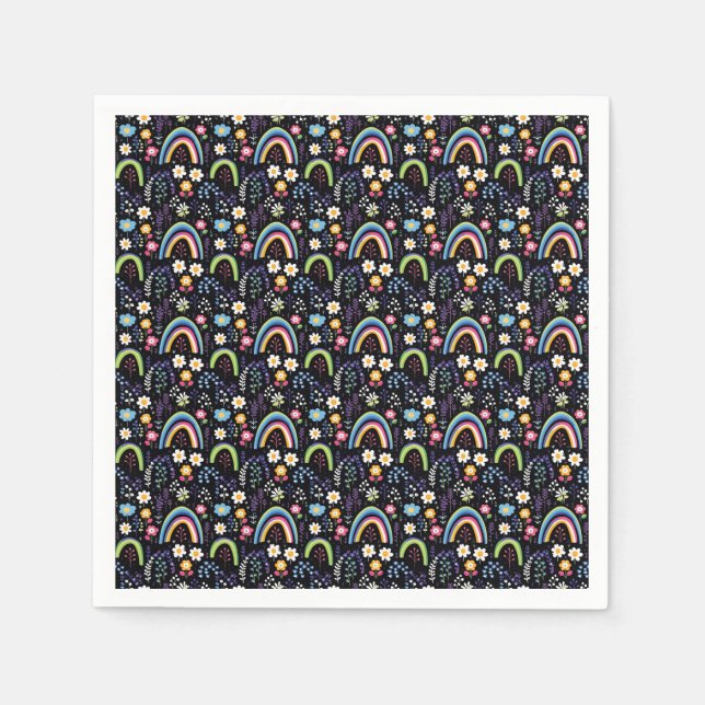 Färgfyllt Blommönster med Rainbows och Träd Pappersservett (Framsidan)