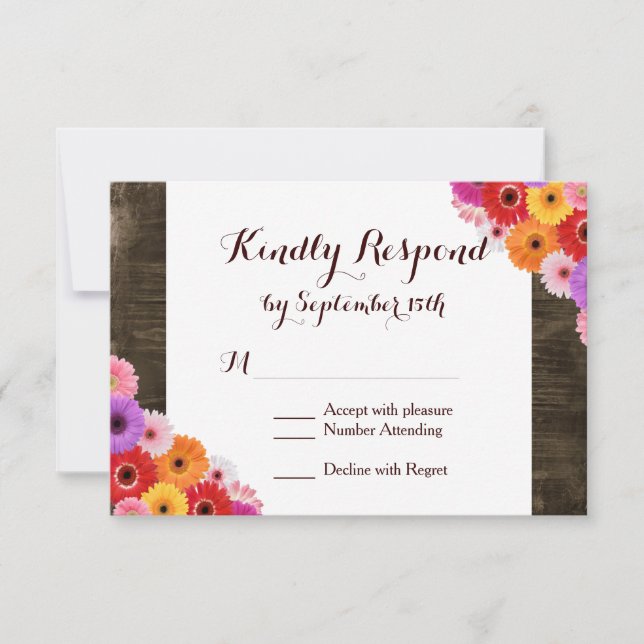 Färgfyllt Bröllop OSA av Rustic Barn Wood-Daisy Kort (Framsida)