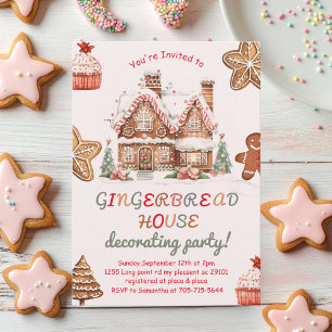 Färgfyllt gingerbröd House Decorating Party Inbjudningar