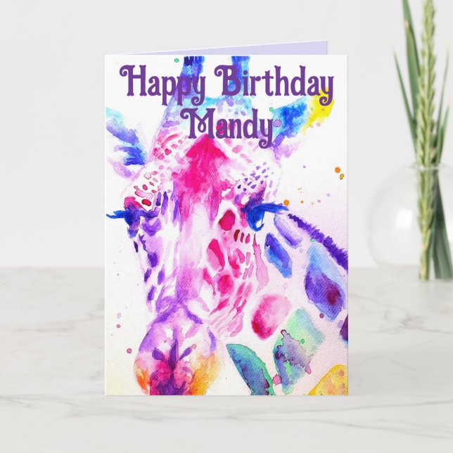 Färgfyllt Giraffe Watercolor Girls Birthday Card Kort (Framsida)