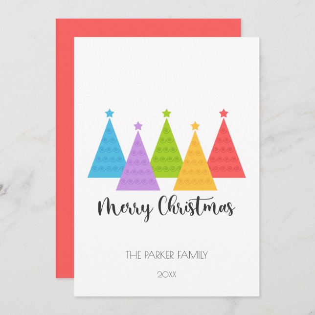 Färgfyllt julkort i Julgranar (Fram/baksida)