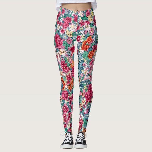 Färgfyllt kinesiskt Blommönster Leggings (Framsida)