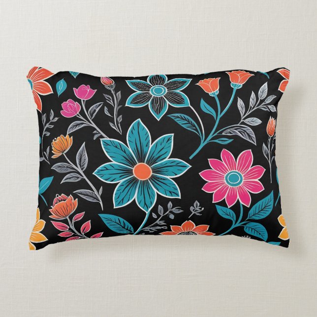 Färgfyllt Linoprint-Blommönster Prydnadskudde (Framsidan)