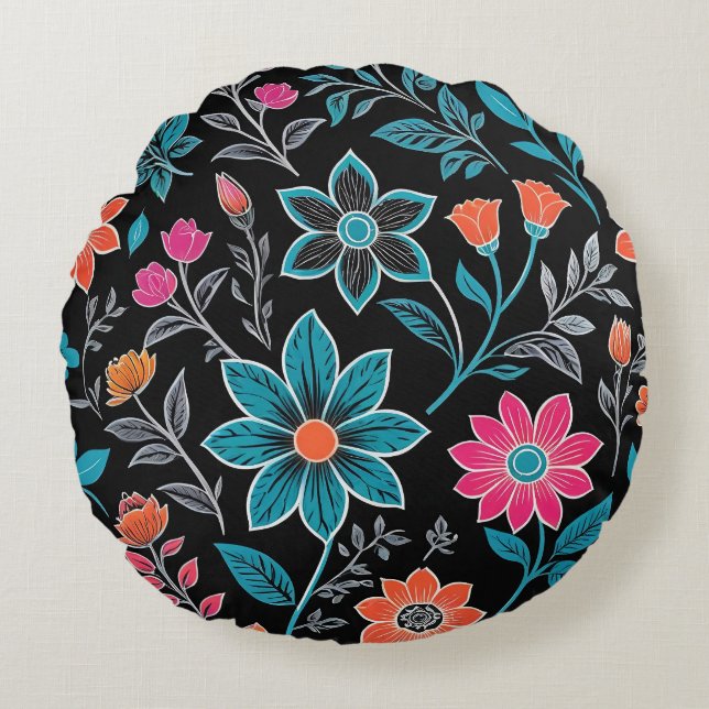 Färgfyllt Linoprint-Blommönster Rund Kudde (Framsidan)