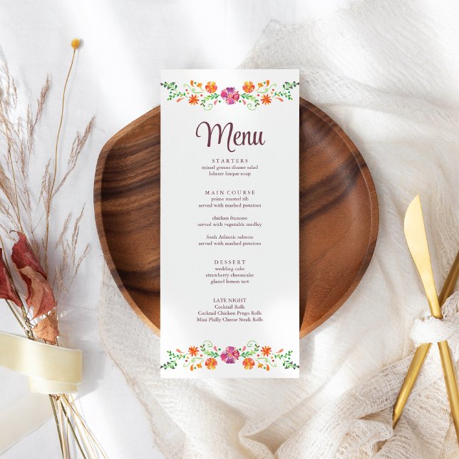 Färgfyllt mexikanskt Blommigt-menykort Fiesta Bröl Meny (Colorful Mexican Floral Fiesta Wedding Menu Card on a boho wedding table.)