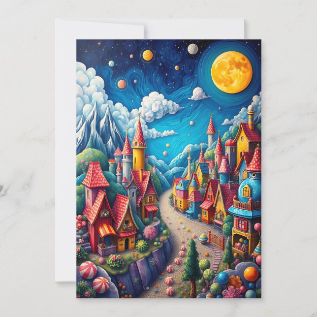 Färgfyllt moonlit Candy Land & Magic Village Card (Framsida)