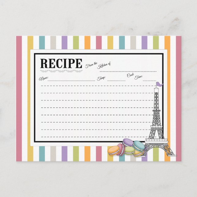 Färgfyllt Paris Macarons Eiffel Torn Recept Card Vykort (Framsida)