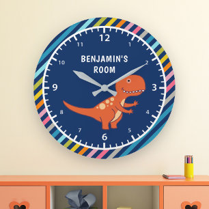 Färgfyllt Rand Cute Orange Dinosaur Kids Room Stor Klocka