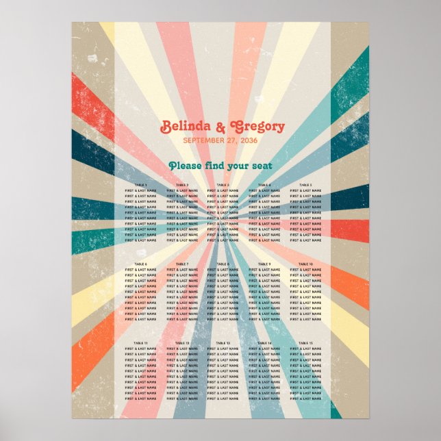 Färgfyllt Retro Sunburst Bröllop-sätesdiagram Poster (Framsidan)