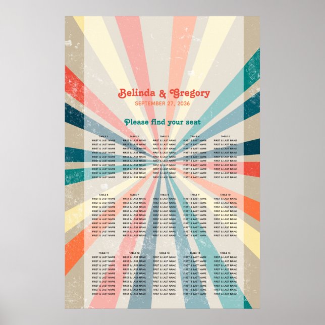 Färgfyllt Retro Sunburst Bröllop-sätesdiagram Poster (Framsidan)