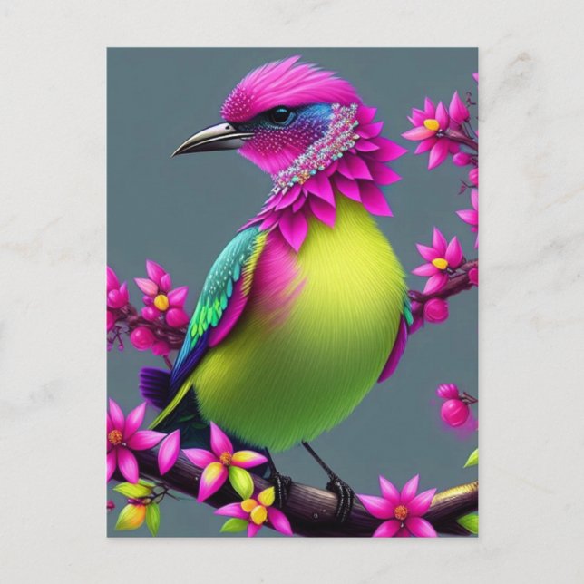 Färgfyllt Surreal Rosa Gult Bird Postcard Vykort (Framsida)