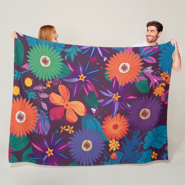 Färgfyllt tropiskt Blommönster med fet blommor Fleecefilt (På plats)