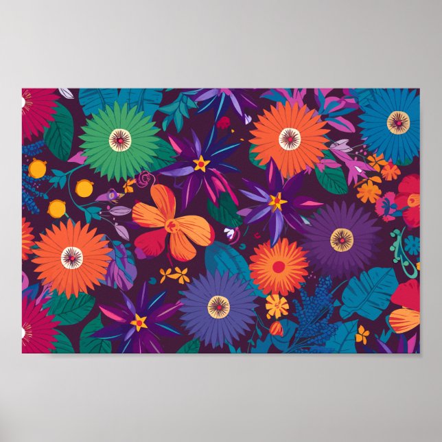 Färgfyllt tropiskt Blommönster med fet blommor Poster (Framsidan)