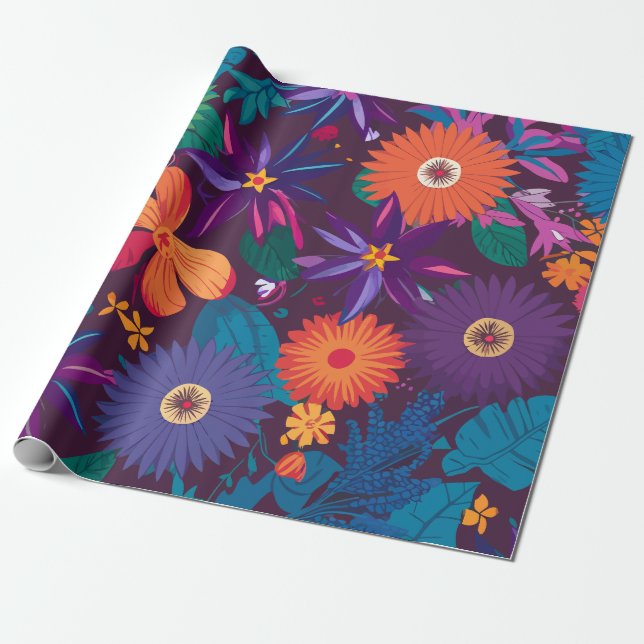 Färgfyllt tropiskt Blommönster med fet blommor Presentpapper (Utrullad)