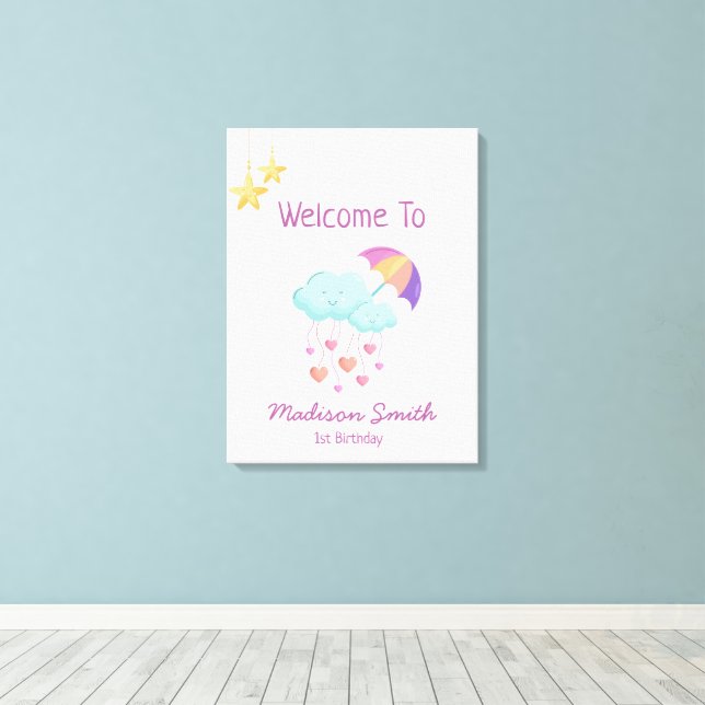 Färgfyllt Umbrella Birthday Card med Cute Clouds Canvastryck (Insitu (trägolv))