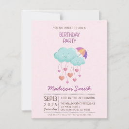 Färgfyllt Umbrella Birthday Card med Cute Clouds Inbjudningar