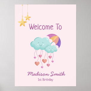 Färgfyllt Umbrella Birthday Card med Cute Clouds Poster