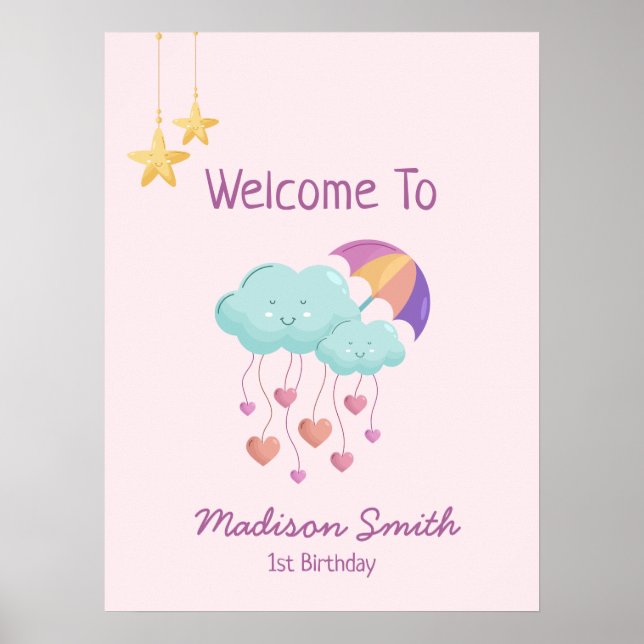 Färgfyllt Umbrella Birthday Card med Cute Clouds Poster (Framsidan)