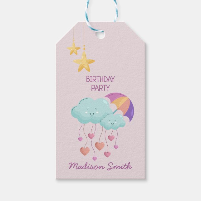 Färgfyllt Umbrella Birthday Card med Cute Clouds Presentetikett (Framsidan)