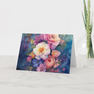 Färgfyllt vattenfärgsfärgat Blommigt, tomt anteckn Helgkort