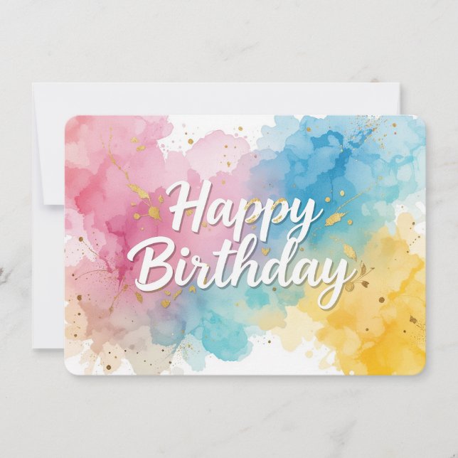 Färgfyllt vattenfärgskort med Grattis på födelseda (Framsida)