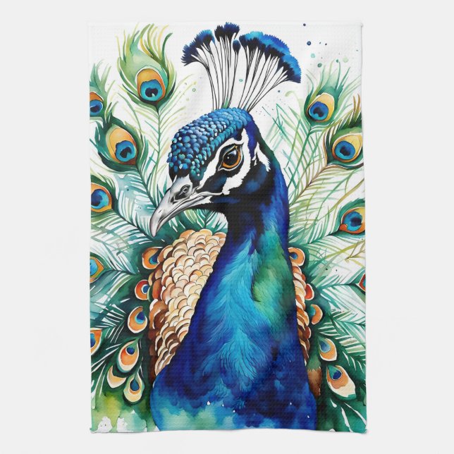 Färgfyllt vattenfärgsPeacock Kitchen Towel Kökshandduk (Vertikal)