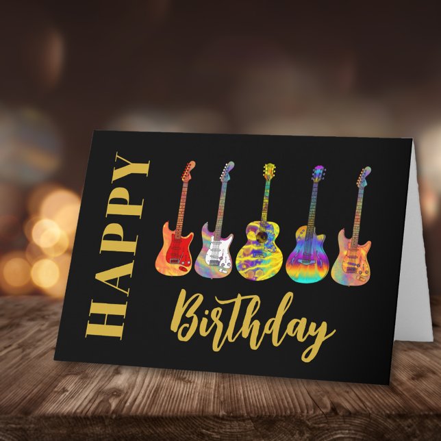 Färggarter Grattis på födelsedagen Kort (Guitar happy birthday black and gold music themed greeting card)