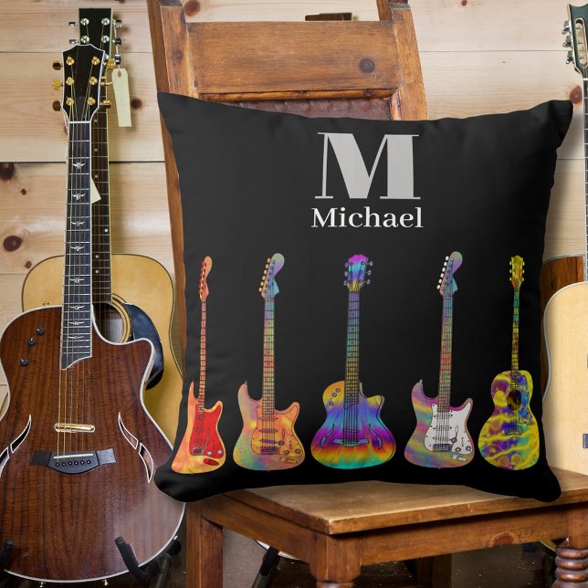 Färggarter Monogram Black Kudde (Colorful guitar pattern custom monogram black pillow for guitarists musicians music guitar teachers)