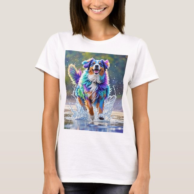 Färggigjätten lycklig, rolig hund, stänk t shirt (Framsida)