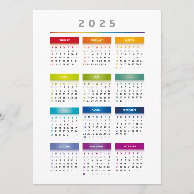 Färgglad 2025 kalender - Regnbågsfärger 3 Kolumner Meny (Framsida)